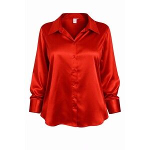 Red Satin Button Up Blouse Women’s XXL Silky Long Sleeve Collared Shirt Shiny